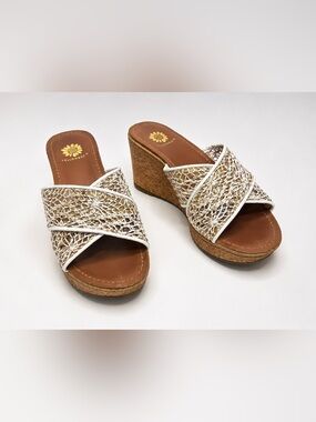 🌼✨ Yellow Box Crochet Cork Wedge Slide Sandals – Women’s Size 7✨